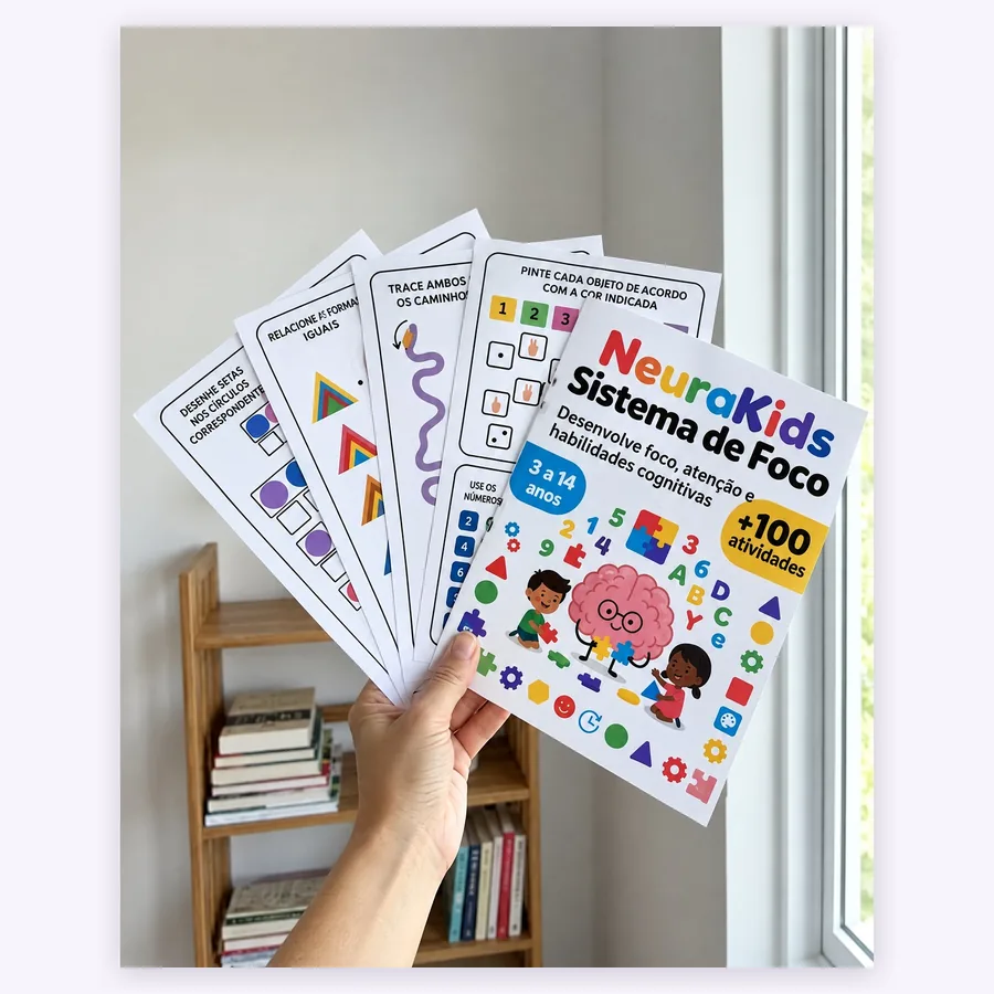 Folhas de atividades NeuraKids impressas, na mão de um adulto